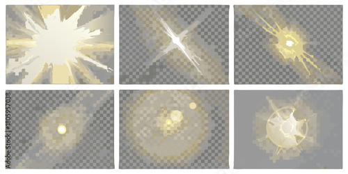 Collection of six abstract light effects and lens flares with golden and white hues