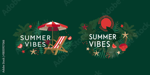Wallpaper Mural Summer vibes typography with tropical elements and beach accessories on dark green background Torontodigital.ca