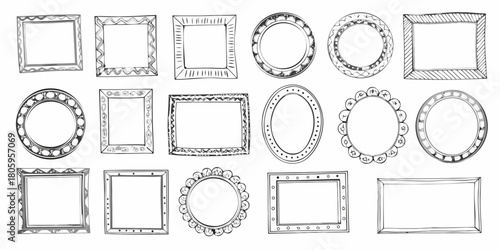 Collection of hand drawn sketchy picture frames in various shapes and decorative styles