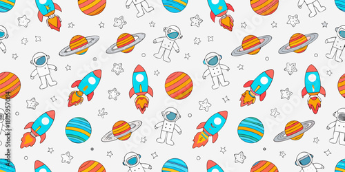 Whimsical space pattern featuring astronauts rockets planets and stars on a white background