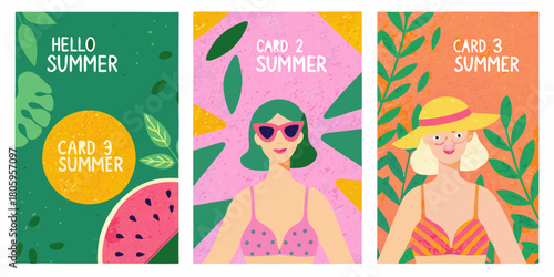Three vibrant summer greeting cards featuring women in swimsuits and tropical elements
