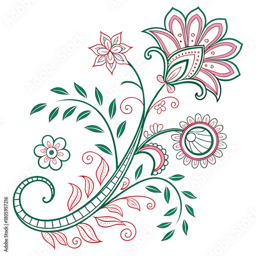 Whimsical floral design isolated on featuring a mix of pink and green hues, creating a vibrant and eyecatching botanical illustration