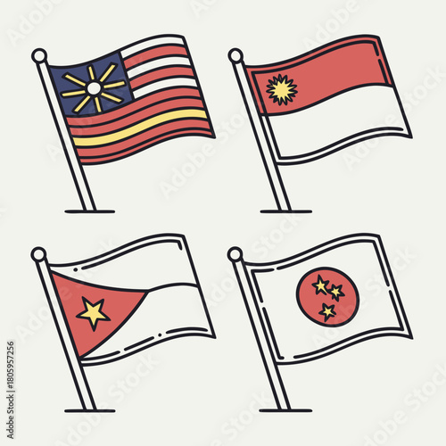 Flags of southeast asian countries waving in the wind isolated on malaysia, indonesia, sarawak, and singapore flags