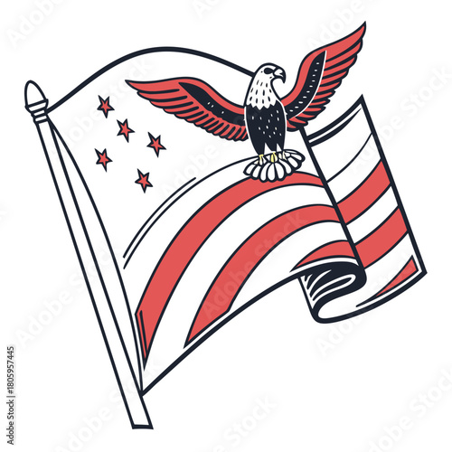 Illustration of the american flag with an eagle perched on top, a symbol of the united states of america, isolated on patriotic symbol