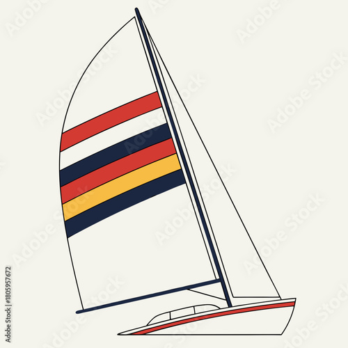 A sailboat with red, yellow, and blue stripes on its sail, sailing on a light beige background, isolated on