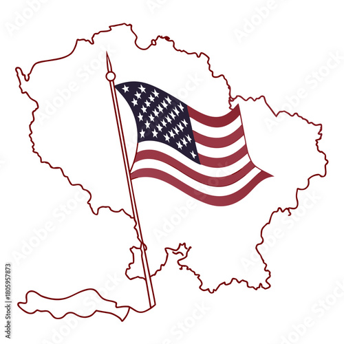 American flag waving in the wind inside the contour of ukraine map isolated on, symbol of support and solidarity for ukraine