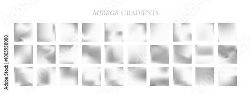 Silver mirror gradient. Set of vector square swatches. Abstract metal surface and shiny foil texture for smooth steel design.