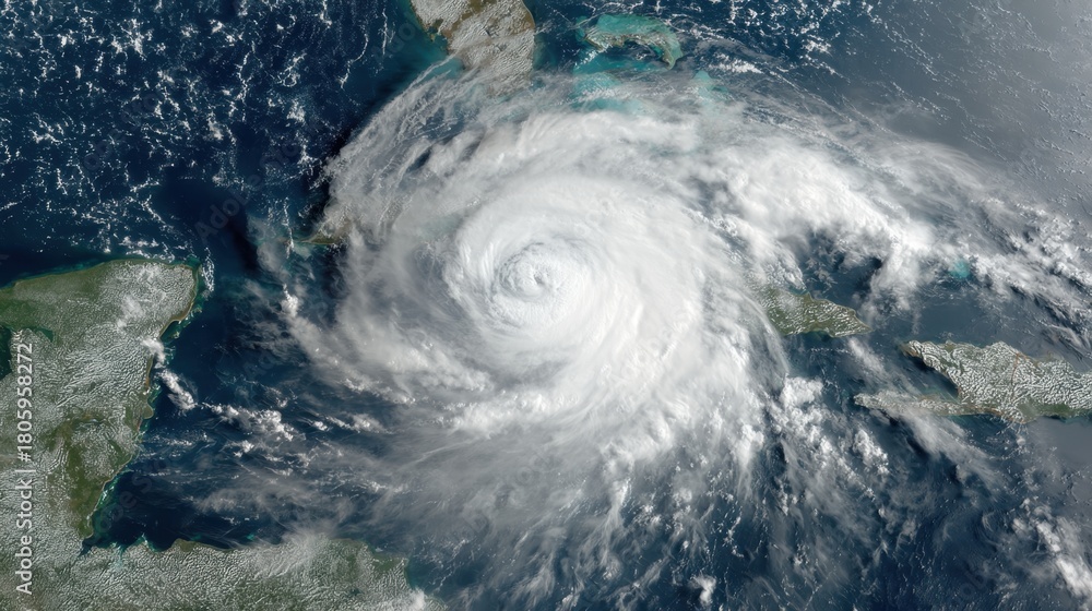 Fototapeta premium A powerful hurricane develops over the Caribbean Sea, with swirling, dense clouds and turbulent weather patterns visible. The storm approaches Central America, threatening land.