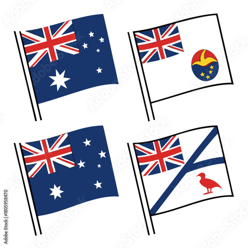 Four flags representing different countries, including australia, isolated on the flags are waving in the wind, with unique designs