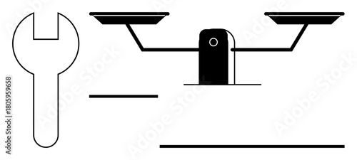 Balancing scales and wrench illustrating justice, fairness, and troubleshooting. Ideal for themes of legal balance, equality, tools, solutions, problem-solving precision or mechanical work. Simple