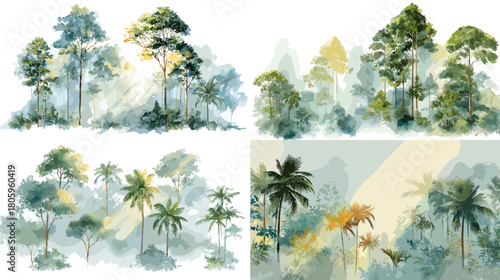 A watercolor collection of forest scenery with sunlight, mist, and lush foliage, ideal for nature themes, landscape backgrounds, botanical art, and serene outdoor illustration projects.