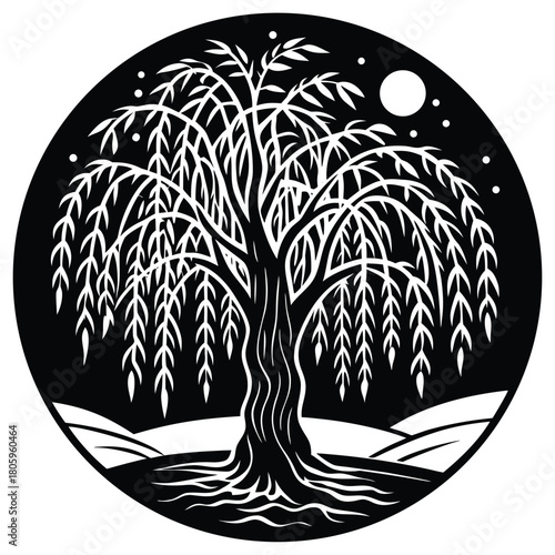 Willow Tree Silhouette Vector for Calm Nature, Meditation, and Poetic Design