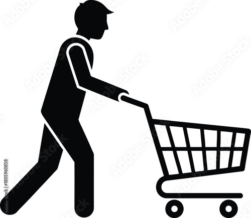 Silhouette of a person pushing a shopping cart, isolated on white background, suggesting retail, consumerism, or a simple errand with a minimalist design