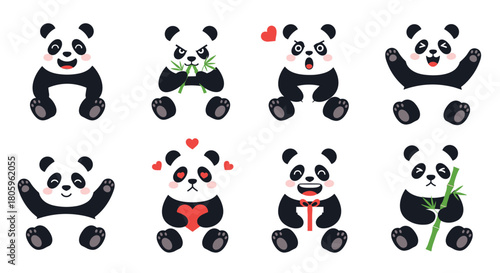 Adorable panda bears showing different emotions for unique marketing needs, perfect for playful designs, children's books, and delightful illustrations
