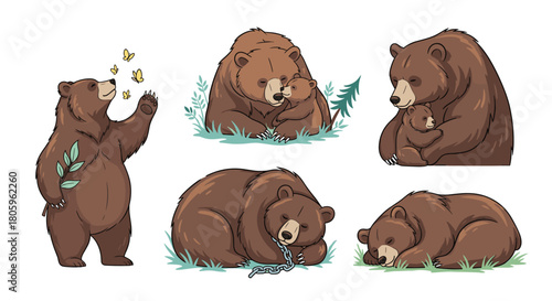 Adorable bear family moments illustrations capturing love, rest, and playfulness for children's books and cute designs, a set of five brown bears