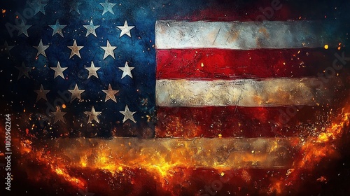 Distressed American flag with stars and stripes in fiery embers and textured grunge, intense burning glow conveying turmoil and dramatic energy