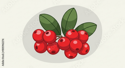 Illustration of a cluster of lingonberries with green leaves, showcasing the vibrant red color and natural beauty of these small, tart berries, isolated on