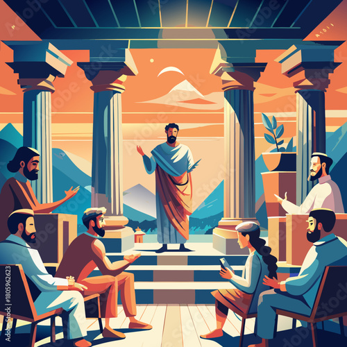 A group of people gathered for a lecture in ancient greece