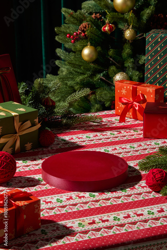 A simple holiday tabletop with a red plate, gifts, and a decorated tree. The composition feels minimal but festive, fitting for Christmas menus or product ads.