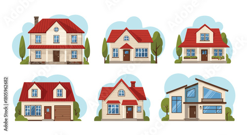 Dream homes showcase with diverse architectural styles, perfect for real estate marketing and property development, offering fresh design inspiration