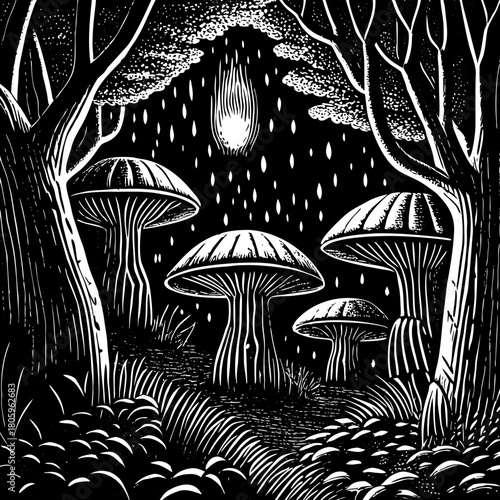 A monochrome illustration of mushrooms in a dark forest scene