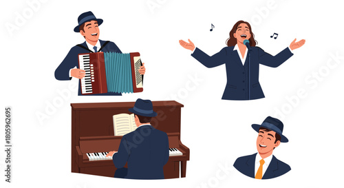 Enjoy the music with this talented group of musicians, perfect for concert posters, jazz club ads, and more, lively music for happy audiences