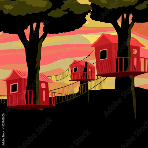 An illustration of tree houses connected by rope bridges at sunset