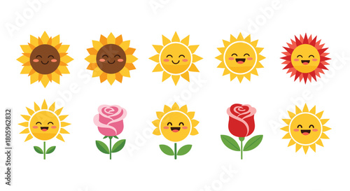 Cheerful sunflowers and roses with happy faces bring joy to any design creating a vibrant, positive, and inviting feel for any project or theme