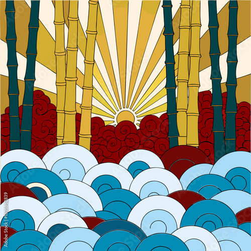 Artistic depiction of bamboo trees and a sunlit sky with water