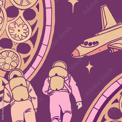 Astronauts and a space shuttle with steampunk elements