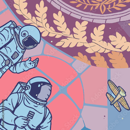 Astronauts and biplane in a colorful and surreal composition