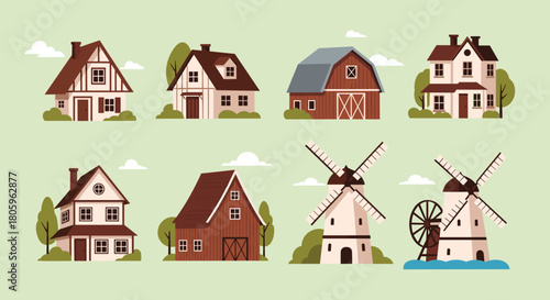 Charming countryside homes and windmills, perfect for illustrating rural life and sustainable energy concepts in children's books and educational materials