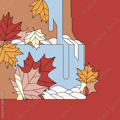 Autumnal waterfall scene with colorful leaves and water flow