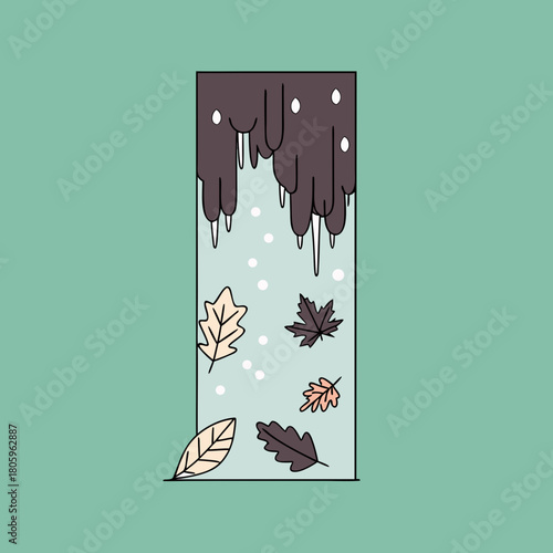 Autumn leaves falling in the rain with a teal background