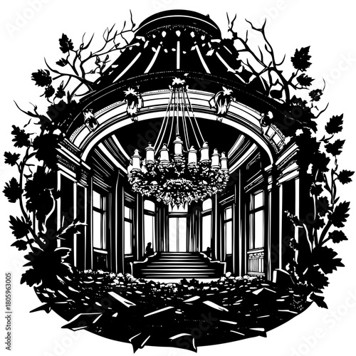 Elegant ballroom interior with chandelier and overgrown foliage