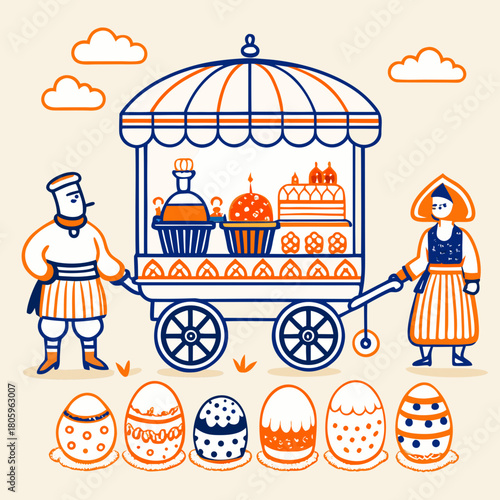 Easter market cart with eggs and traditional costumes illustration