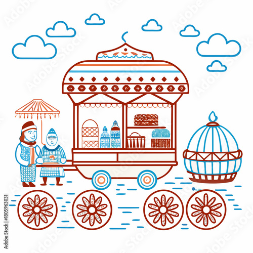 Food cart with vendors isolated on