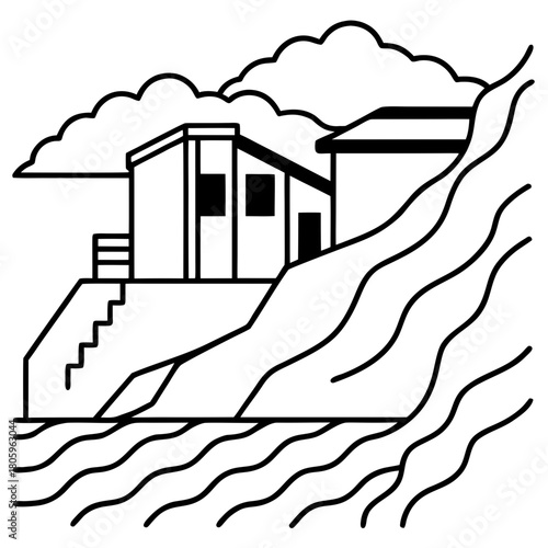 Houses on a cliff with stairs leading to the water isolated on