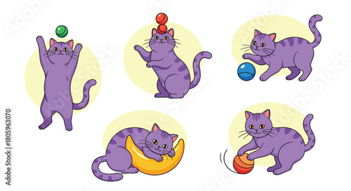 Playful purple cats balancing and playing with colorful balls and moon, cute cartoon illustration for kids books and designs, fun feline activities