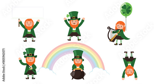 Celebrate St Patrick's Day with Lucky Leprechauns and Rainbows for Festive Fun, Charm, and Irish Cheer in this Whimsical Illustration