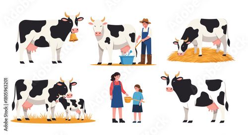 Delightful dairy farm scenes with happy cows, farmers, and families showcasing idyllic rural lifestyle and healthy agriculture practices