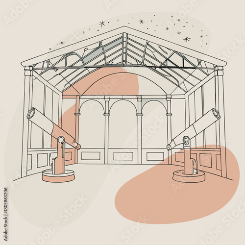 Observatory interior with telescopes line art illustration
