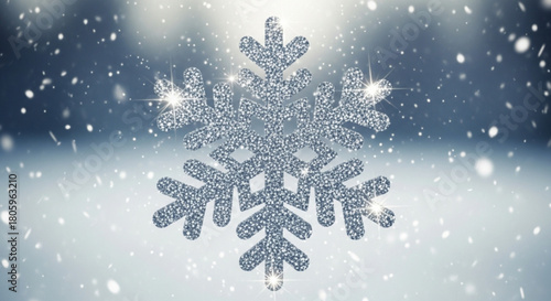 A shimmering silver snowflake glistens against a soft, blurred background of falling snow, creating a magical winter scene with a cool, serene atmosphere