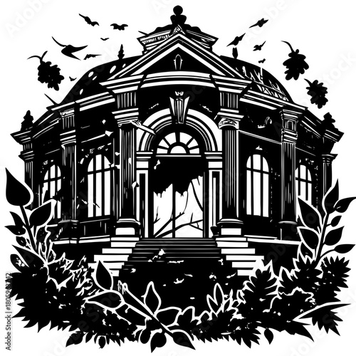 Overgrown gazebo with birds isolated on