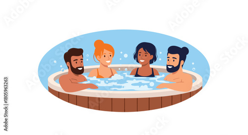 Relax with friends in a hot tub, enjoying the soothing water and good company for a relaxing and fun getaway or weekend retreat