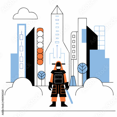 Samurai warrior in a futuristic city isolated on