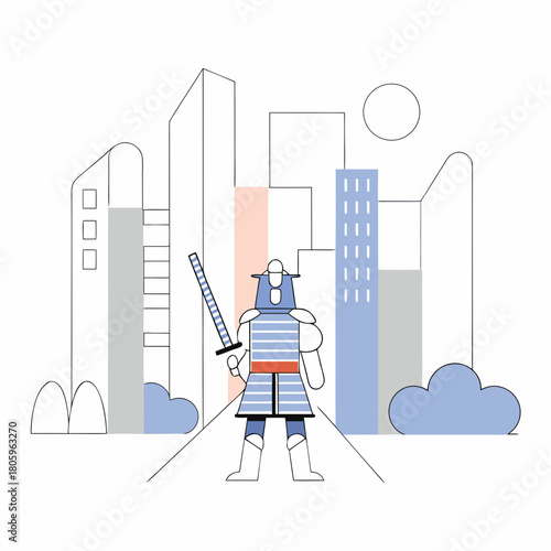 Samurai warrior in a modern city landscape, isolated on