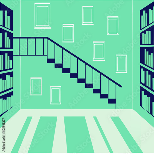Staircase in a library with bookshelves and picture frames