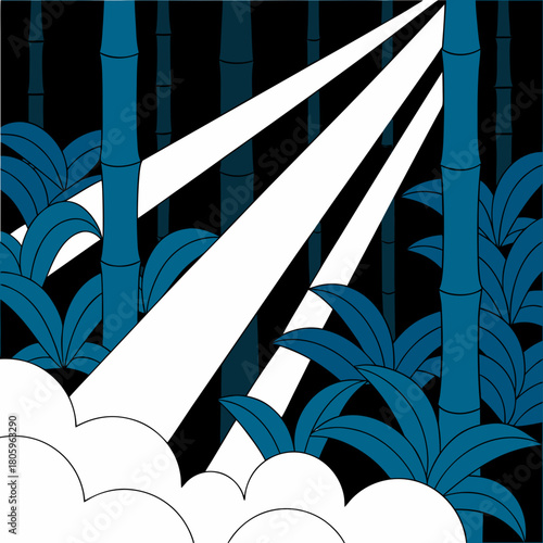 Stylized bamboo forest with light rays and blue foliage design