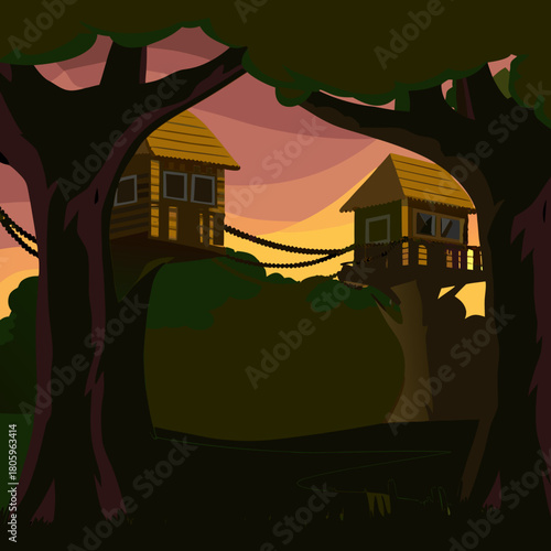 Two treehouses connected by rope bridges at sunset scenery